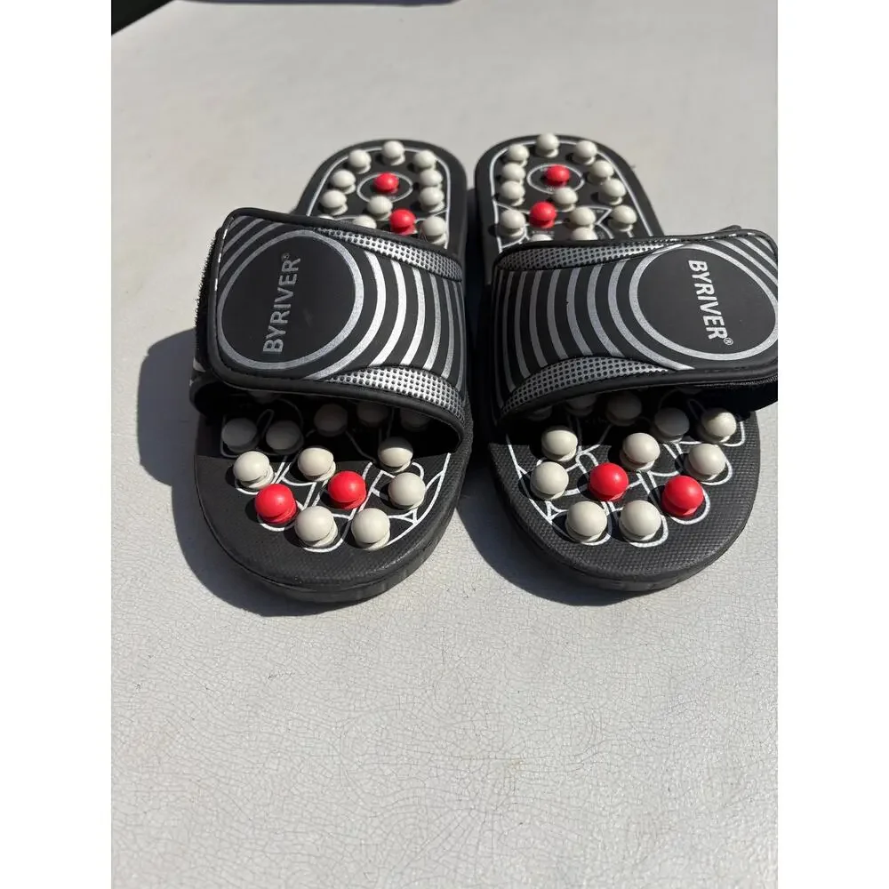 BYRIVER Acupressure Foot Massage Slippers Size Large. Black Sandals Reflexology